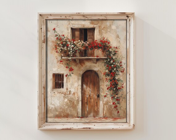 Romanesque Oil Painting Art Rustic Charm Tuscany Tuscan Vintage Italy Classic Village Neutral Botanical Muted Hta093