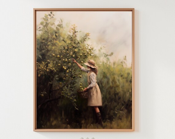 Girl Picking Apples Orchard Vintage Oil Painting Moody Countryside Wall Art