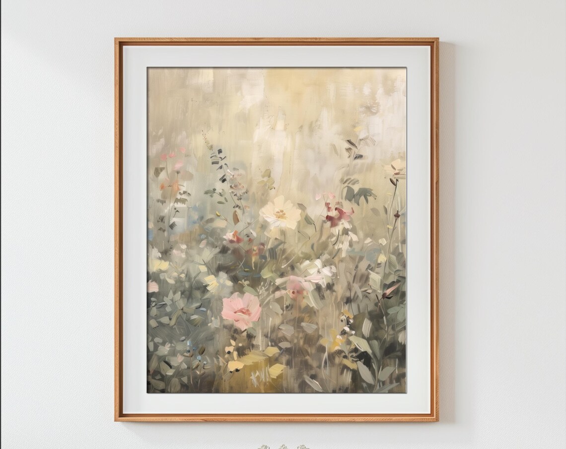 Soft Pastel Wildflower Meadow Oil Painting Muted Floral Neutral Print