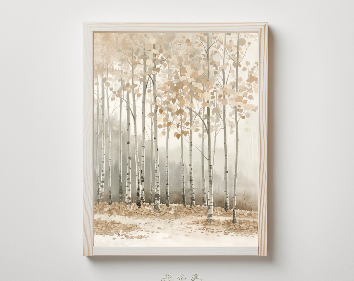 Forest Landscape Oil Painting Art Print Fall Autumn Trees Neutral Leaves Muted Home Decor White Beige Hta049