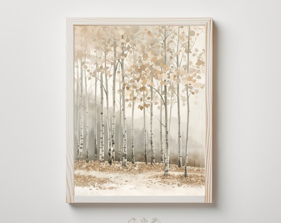 Forest Landscape Oil Painting Art Print Fall Autumn Trees Neutral Leaves Muted Home Decor White Beige Hta049