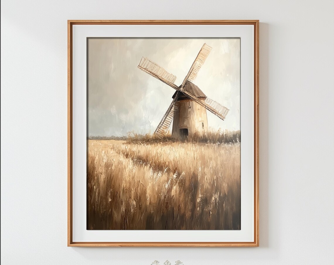 Rustic Windmill Golden Wheat Field Oil Painting Farmhouse Wall Art