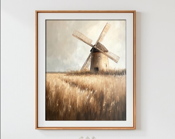 Rustic Windmill Golden Wheat Field Oil Painting Farmhouse Wall Art