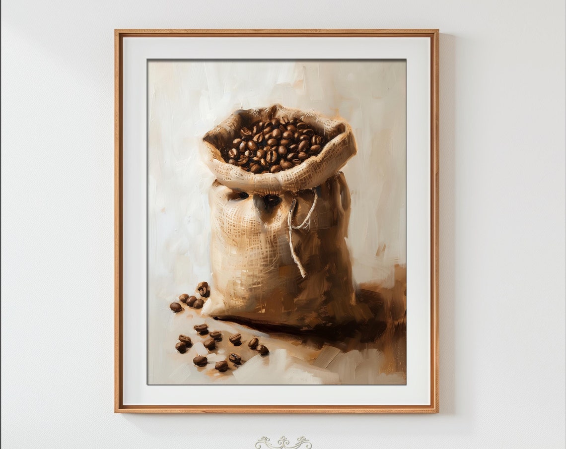 Burlap Sack of Coffee Beans Rustic Still Life Painting Poster