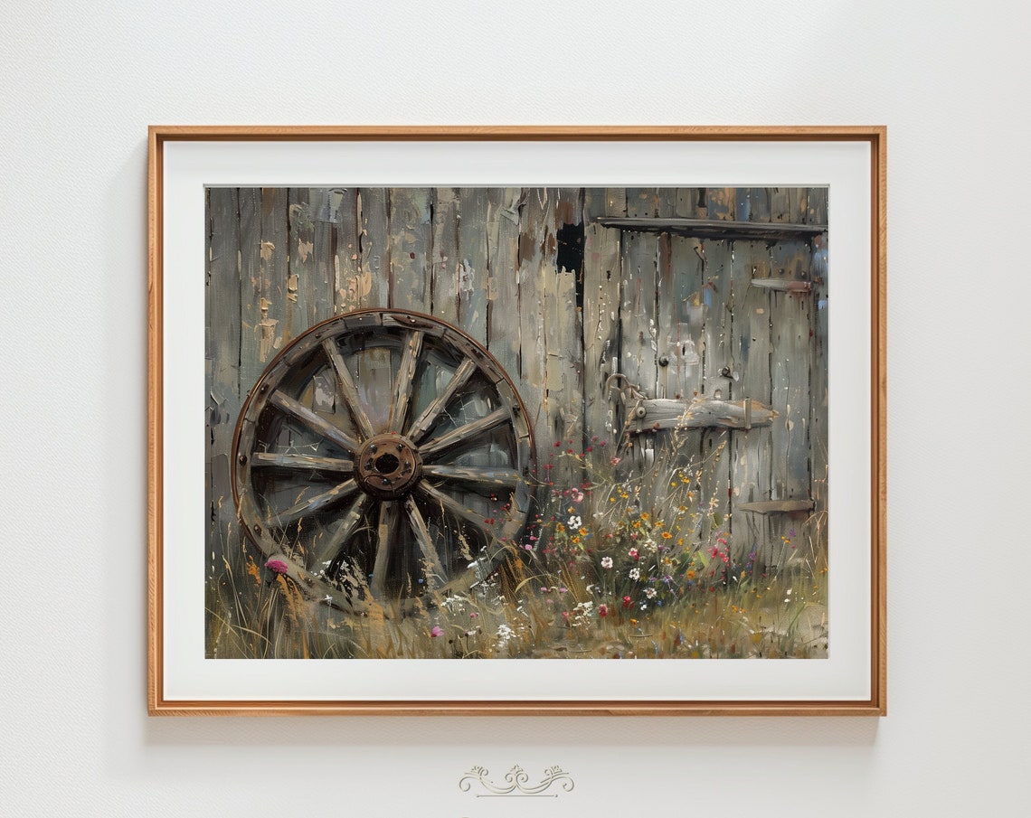 Rustic Wagon Wheel Weathered Barn Door Wildflowers Oil Painting Poster
