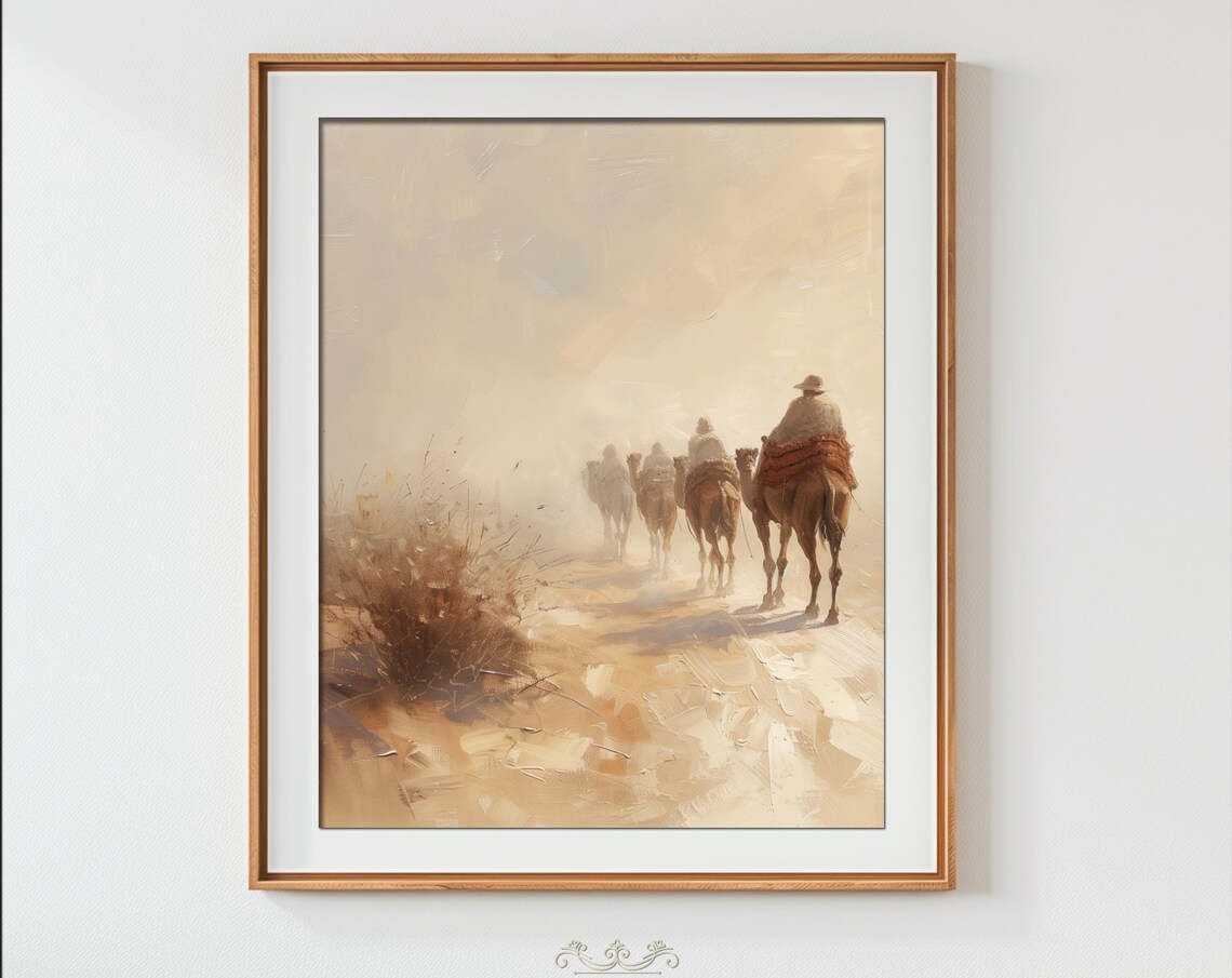 Desert Landscape Oil Painting Art Print, Camel Caravan