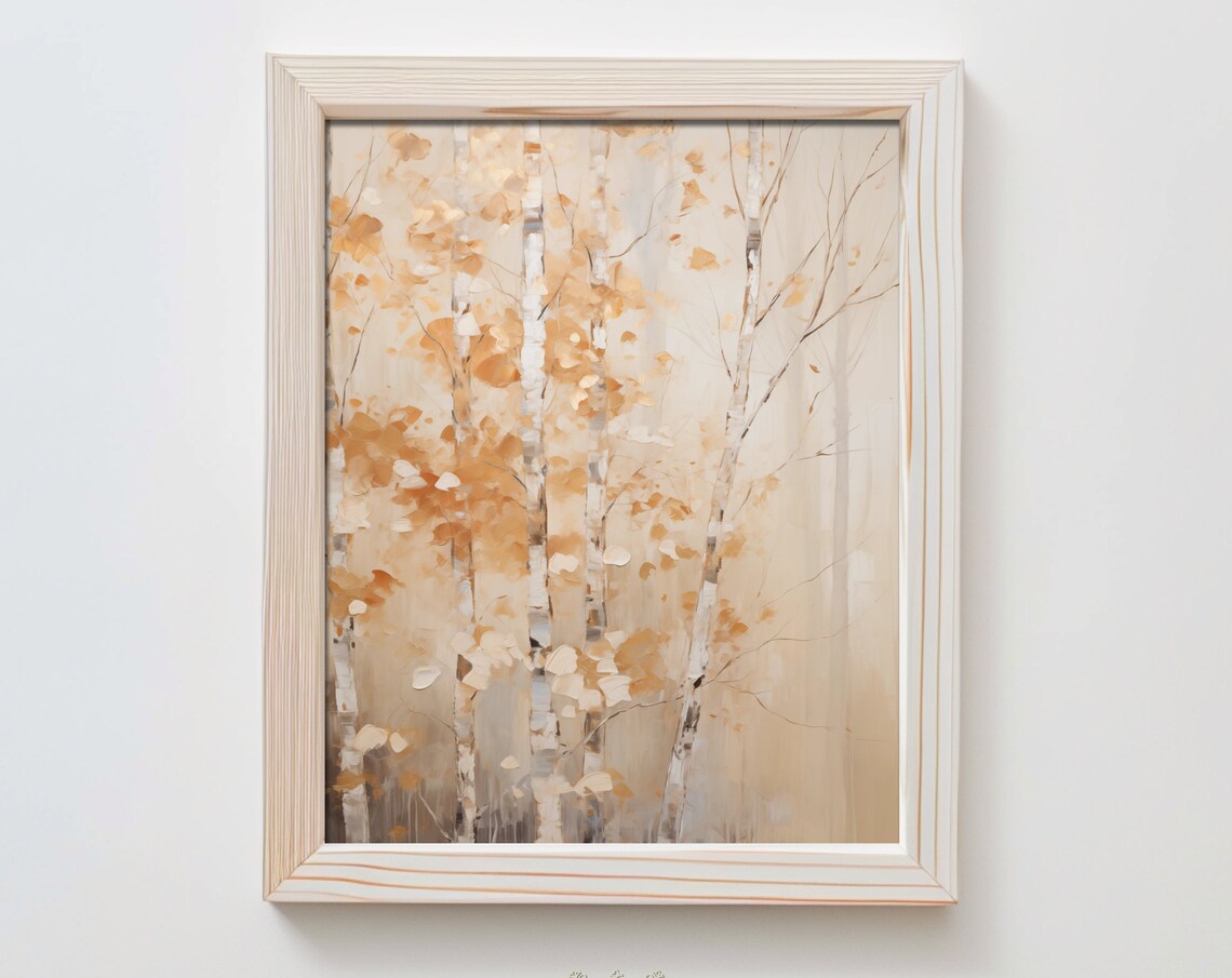 Forest Landscape Oil Painting Art Print Fall Autumn Trees Neutral Leaves Muted Boho Minimalist Birch Hta069