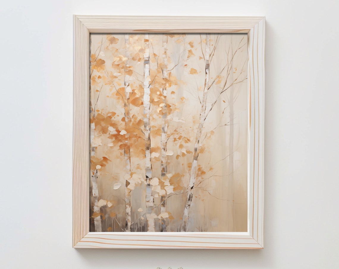 Golden Autumn Birch Forest Oil Painting Neutral Landscape Wall Art
