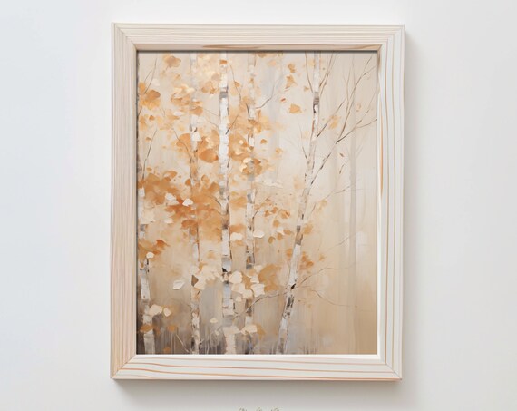Forest Landscape Oil Painting Art Print Fall Autumn Trees Neutral Leaves Muted Boho Minimalist Birch Hta069