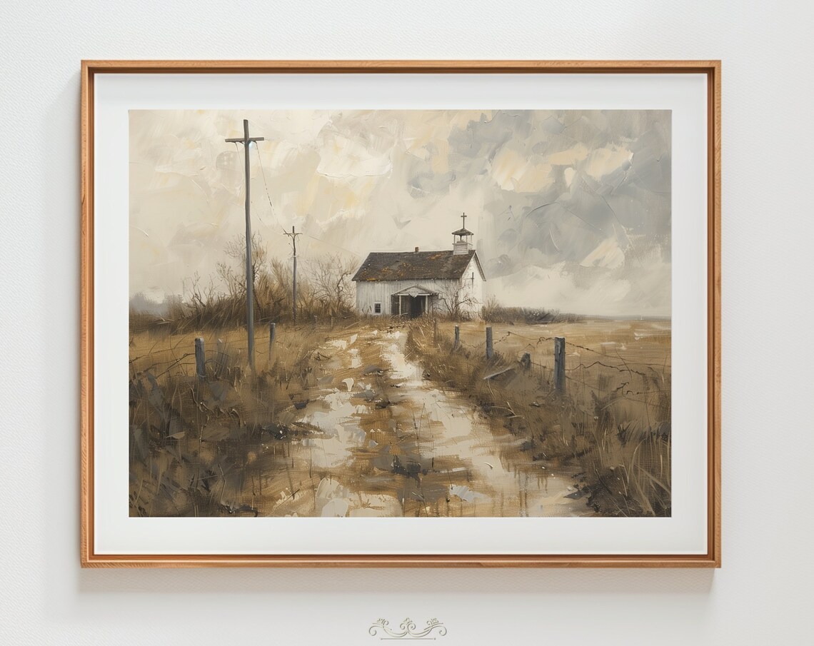 Countryside Landscape Oil Painting Art Print, Vintage Farm