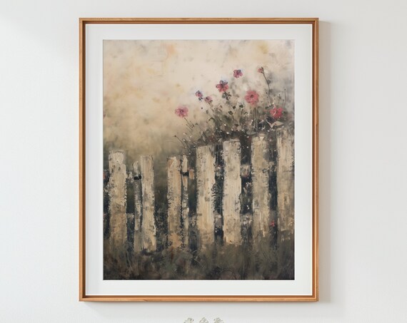 Flowers Garden Picket Fence Oil Painting Art Rustic Vintage Cottage Core Neutral Tones Botanical Charm Hta045