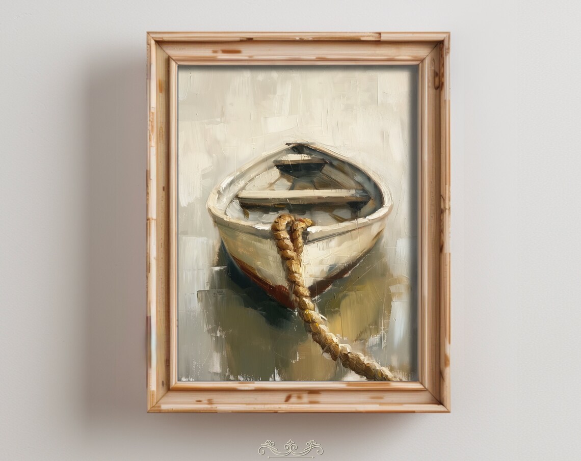 White Rowboat With Rope Lake Water Vintage Oil Painting Neutral Boat Poster
