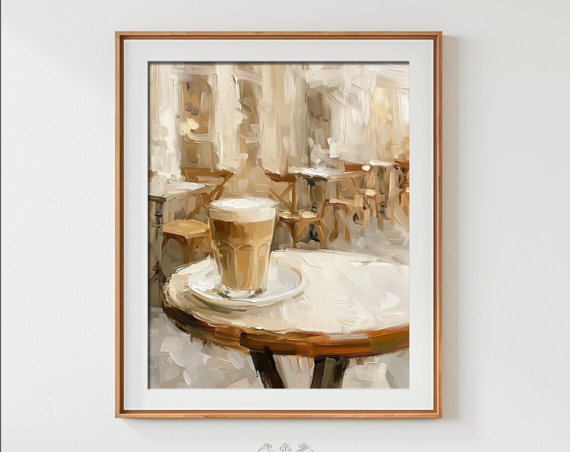 Cafe Latte Coffee Glass Town Art Print, Rustic Vintage