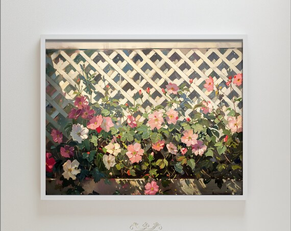 Flowers Garden Lattice Botanical Distressed Oil Painting Art Rustic Charm Vintage Cottage Core Neutral Tones Hta064