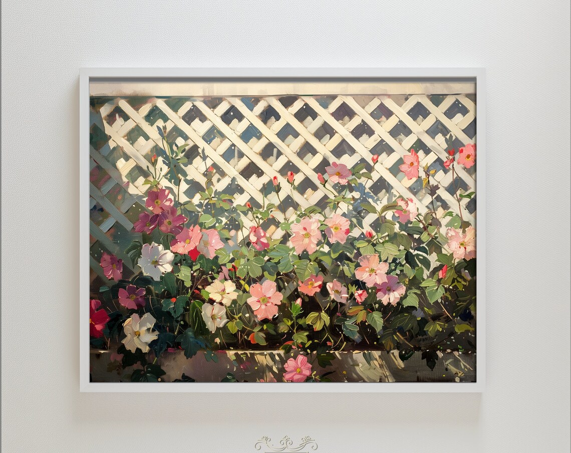 Flower Garden Lattice Botanical Oil Painting Cottage Core Rustic Wall Art