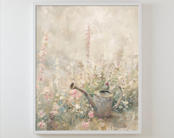 Garden Watering Can Art Print, Rustic Botanical Vintage