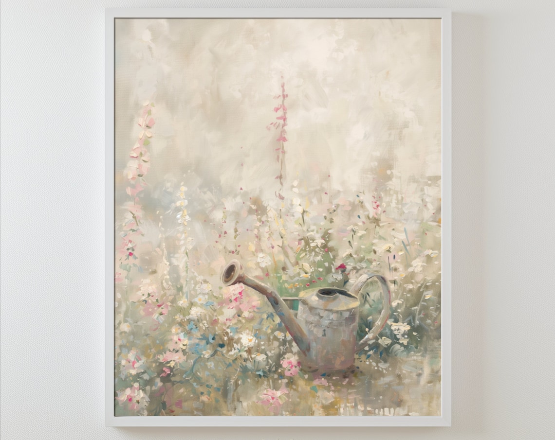 Garden Watering Can Art Print, Rustic Botanical Vintage