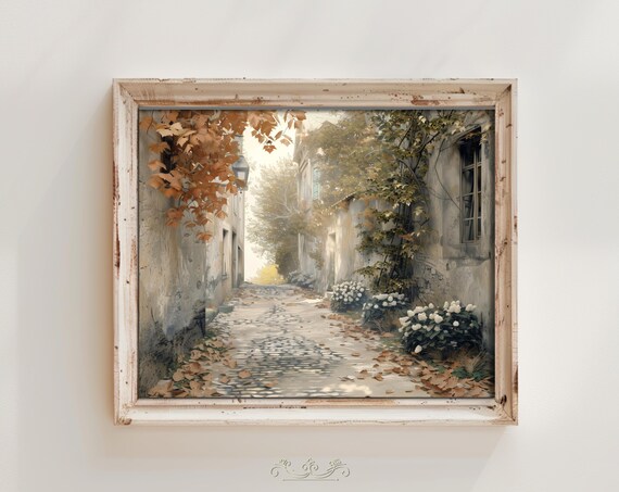 Oil Painting Art Print Old Town Charm Cobblestone Street Alley Rustic Vintage Neutral Autumn Muted European Hta084