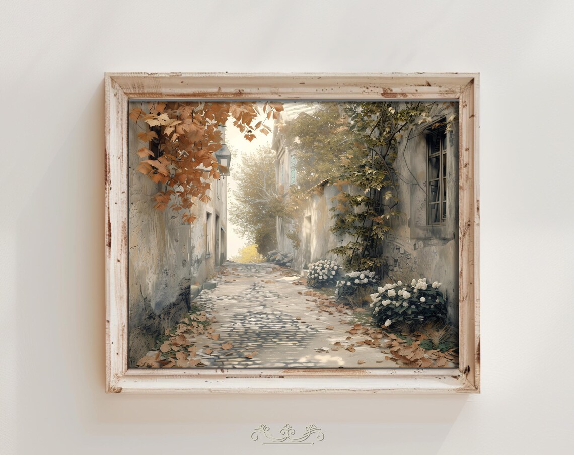 Old Town Cobblestone Street Oil Painting Poster with Autumn Leaves