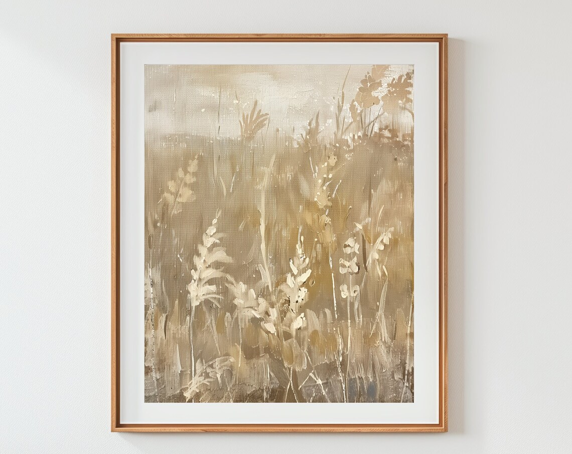 Neutral Beige Abstract Meadow Grass Oil Painting Vintage Minimal Wall Art