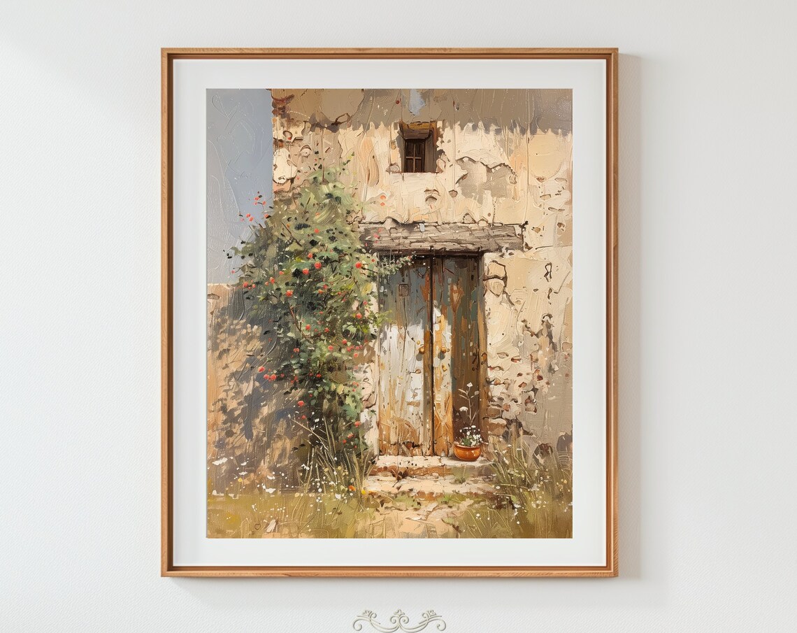 Old Stone House Doorway Climbing Flowers Rustic Oil Painting Art Print