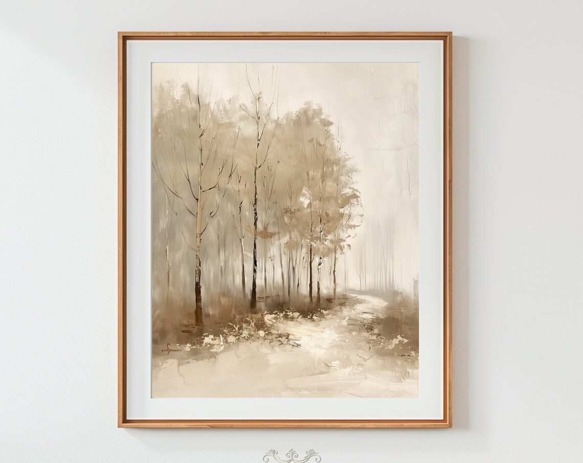 Misty Forest Path Oil Painting Minimalist Trees Neutral Beige Woodland Poster