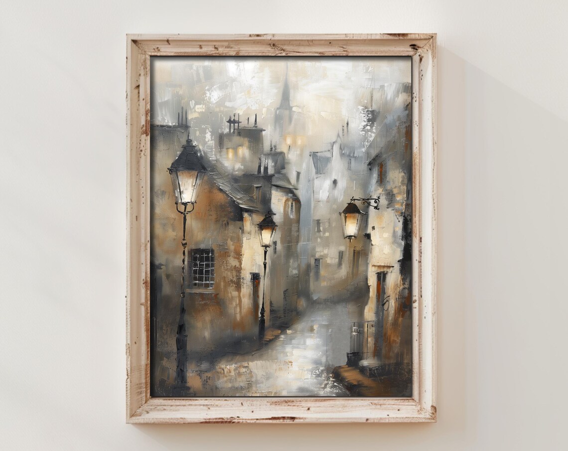 Medieval City Oil Painting Art Print, Vintage Old Town Charm