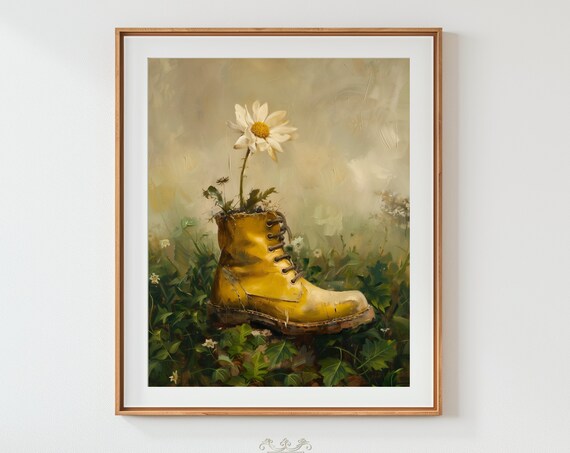 Flower Oil Painting Art Print Rustic Boot Garden Charm Vintage Neutral Plants Muted Home Decor Botanical Hta026