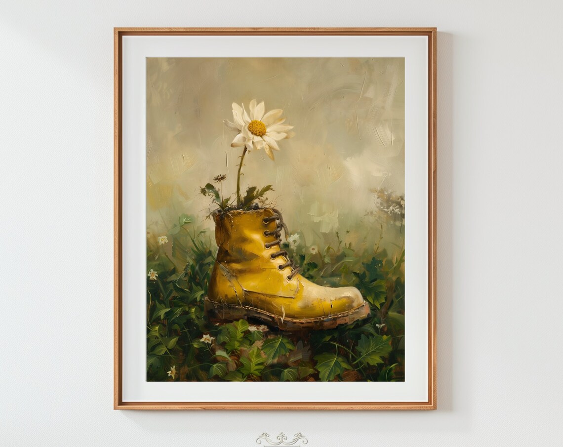 Daisy Flower Yellow Boot Garden Oil Painting Rustic Charm Plant Poster