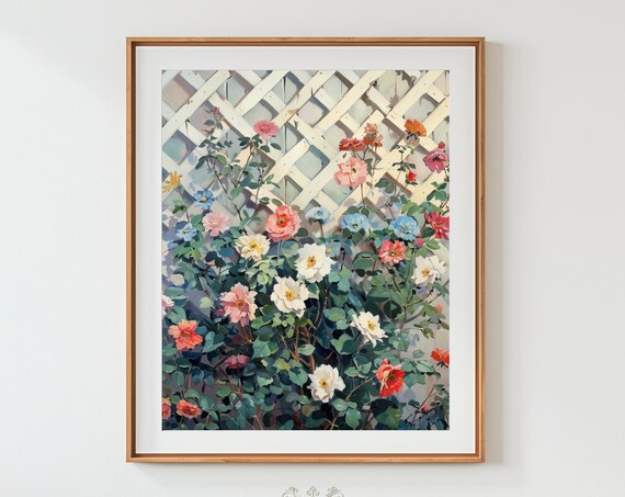 Flowers Garden Lattice Botanical Distressed Oil Painting Art Rustic Charm Vintage Cottage Core Neutral Tones Hta055