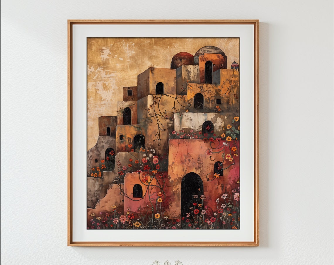 Ancient Arabian Adobe Old Town Rustic Charm Oil Painting Poster