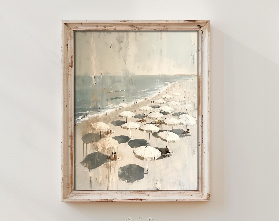 Beach Umbrellas Aerial Coastal Oil Painting Print White Parasol Shore Relaxed Art