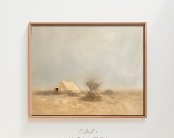 Desert Bedouin Landscape Oil Painting Art Print Rustic Sand Dunes Vintage Neutral Tent Muted Minimal Decor Hta065
