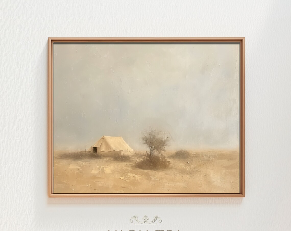 Desert Bedouin Tent Oil Painting Print Sandy Landscape Minimalist Earth Tone Art