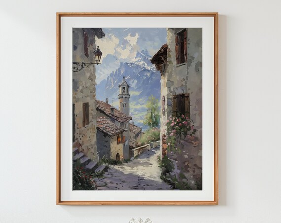 Swiss Alpine Village Street Oil Painting Mountain Church Rustic Print