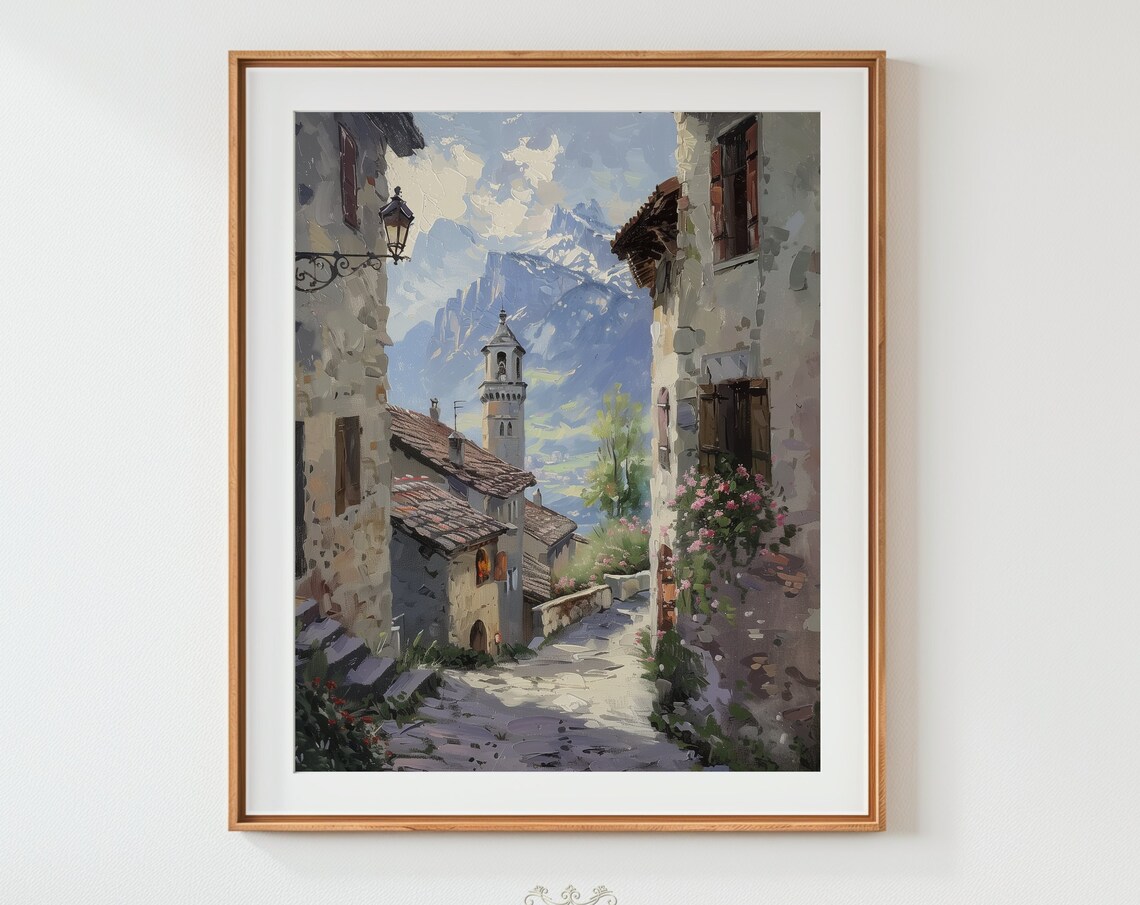 Swiss Alpine Village Street Oil Painting Mountain Church Rustic Print