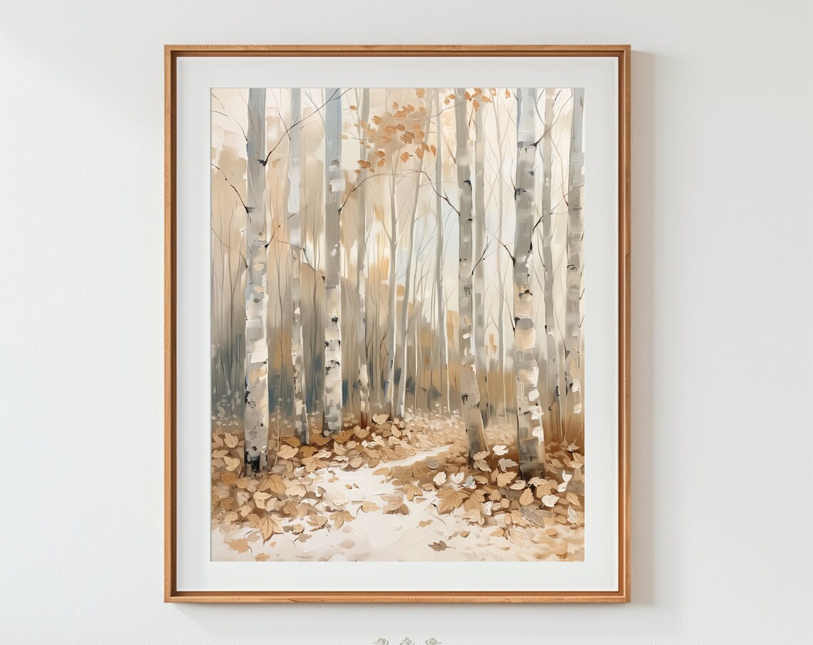 Birch Tree Path Autumn Leaves Beige Neutral Oil Painting Woodland Trail Poster