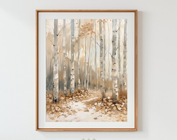 Forest Landscape Oil Painting Art Print Fall Autumn Trees Neutral Leaves Muted Home Decor White Beige Hta037