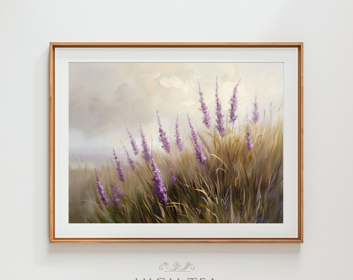 Purple Lavender Stalks Golden Grass Field Oil Painting Rustic Print