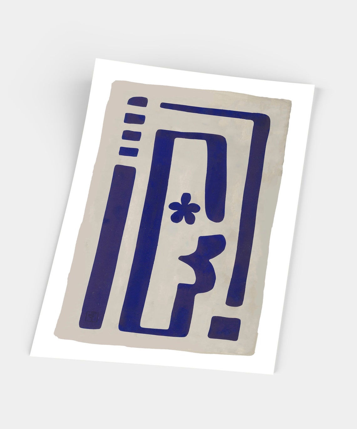 Cobalt Blue Geometric Abstract Ancient Shapes Beige Ground Poster - Image 5