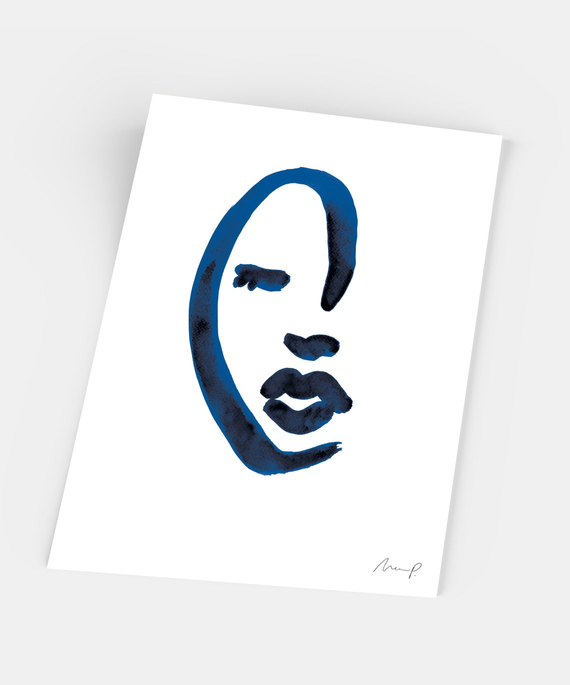 Blue Brushstroke Face Five Simple Oval Line Art Portrait Poster - Image 5