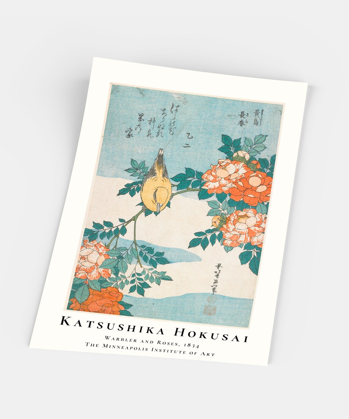 Hokusai Warbler and Roses 1834 Japanese Woodblock Floral Poster - Image 5