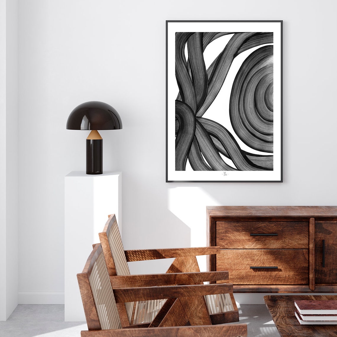 Black Brushstroke Waves With Concentric Circle Abstract Art Poster - Image 2