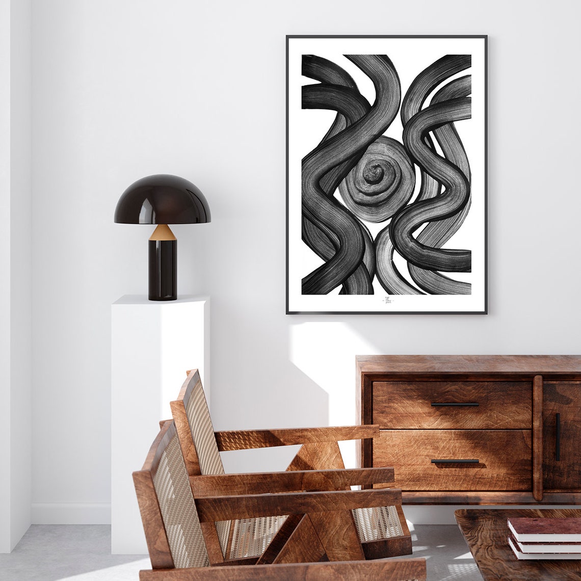 Black Swirl Spiral Center Flowing Brushstroke Abstract Art Poster - Image 2