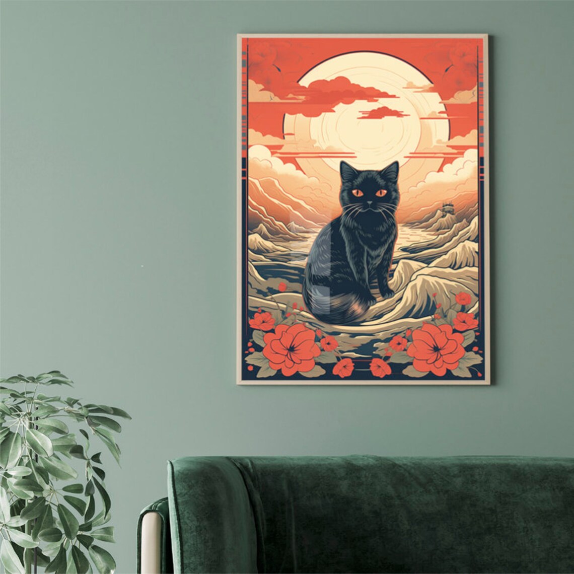 Japanese Black Cat Red Sun Woodblock Style Ukiyo E Art Poster - Image 2