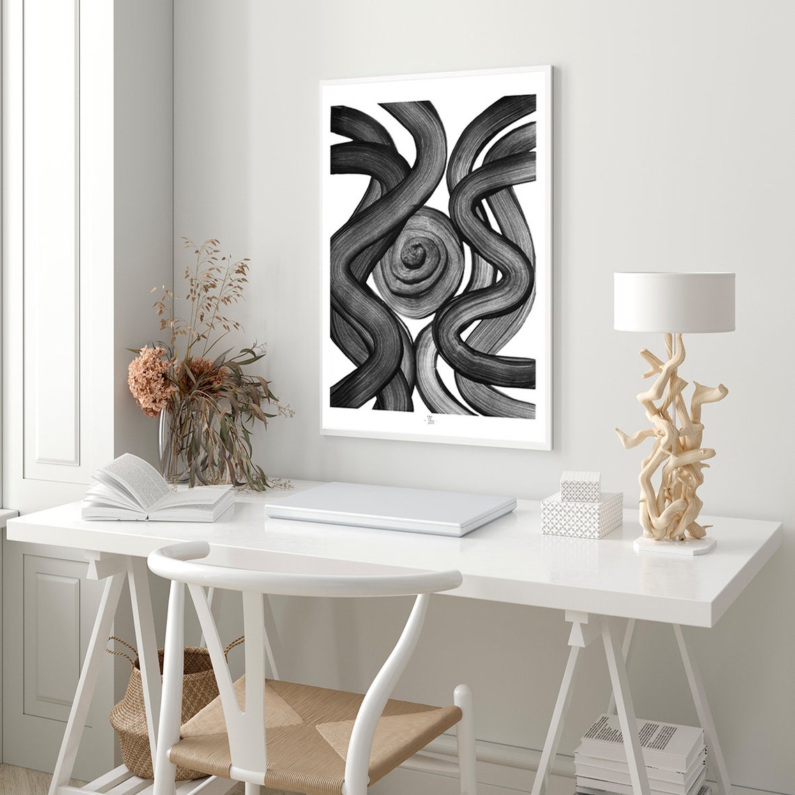 Black Swirl Spiral Center Flowing Brushstroke Abstract Art Poster - Image 4