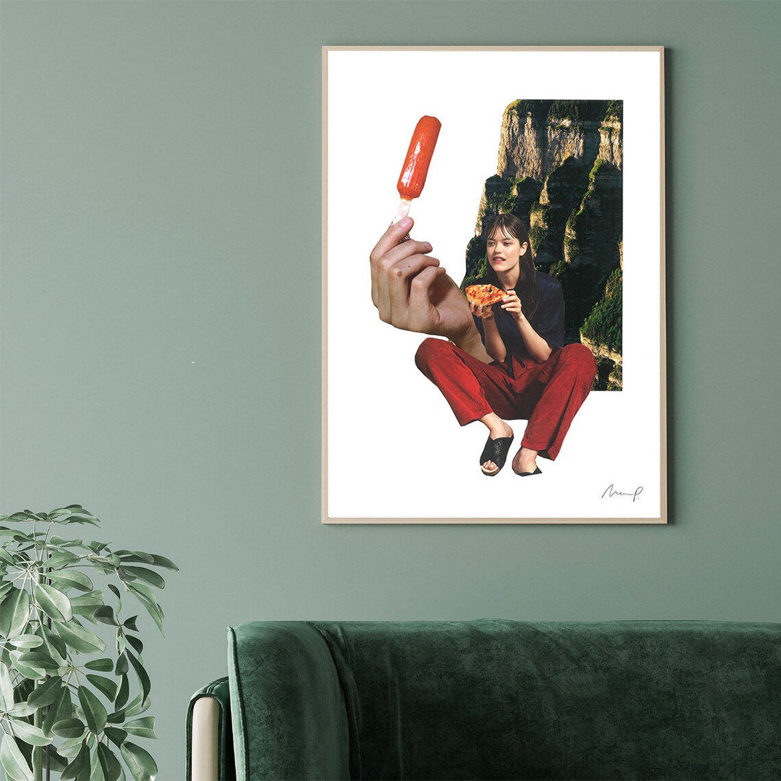 Surreal Collage Woman Eating Pizza Giant Hand Popsicle Cliff Poster - Image 2
