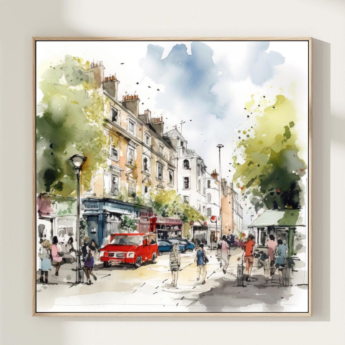 London Vibrant City Street Red Taxi Shops Watercolor Scene Print