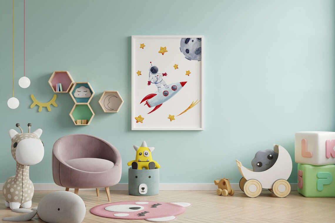Astronaut Riding Rocket Watercolor Space Kids Room Decor Poster