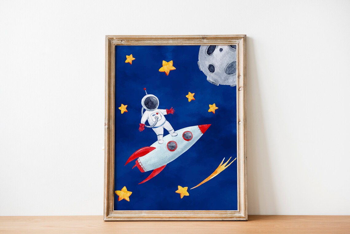 Astronaut on Rocket Navy Blue Watercolor Space Nursery Poster - Image 2